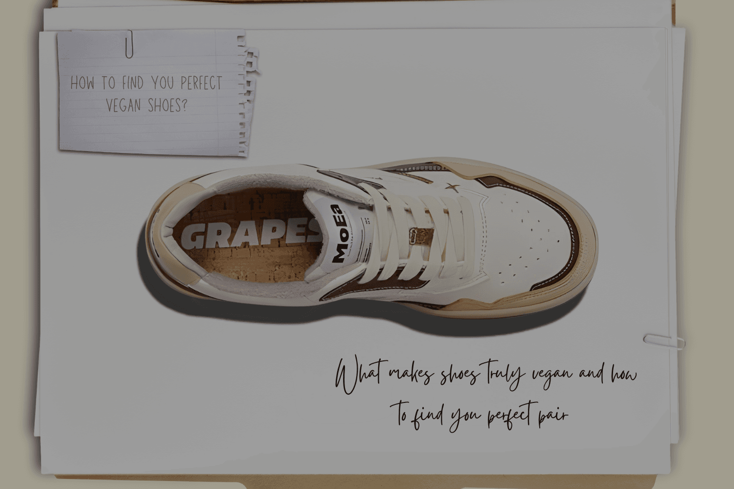 Vegan sneaker flat lay with handwritten text about finding truly vegan shoes.