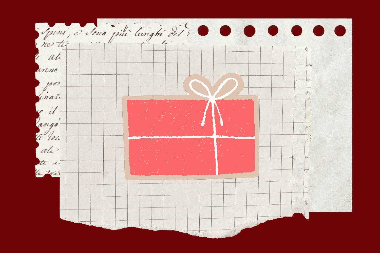 Illustrated red gift box with a white ribbon centered on a torn grid paper background, layered over vintage script paper on a deep red canvas.