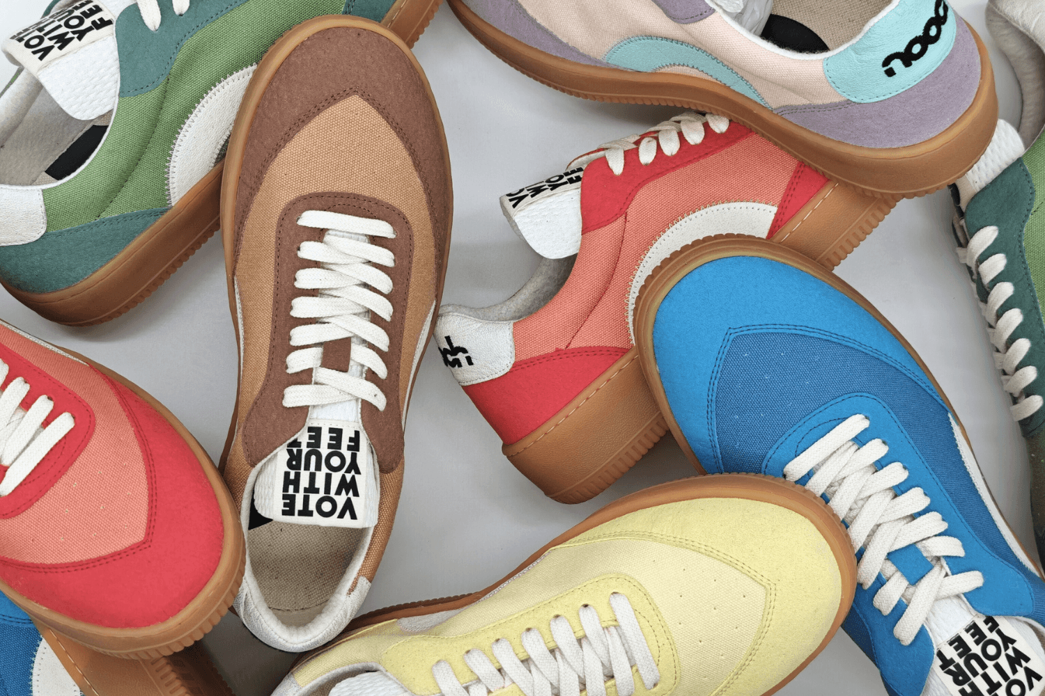 Colorful Nooch sneakers in limited-edition shades, top-down view.