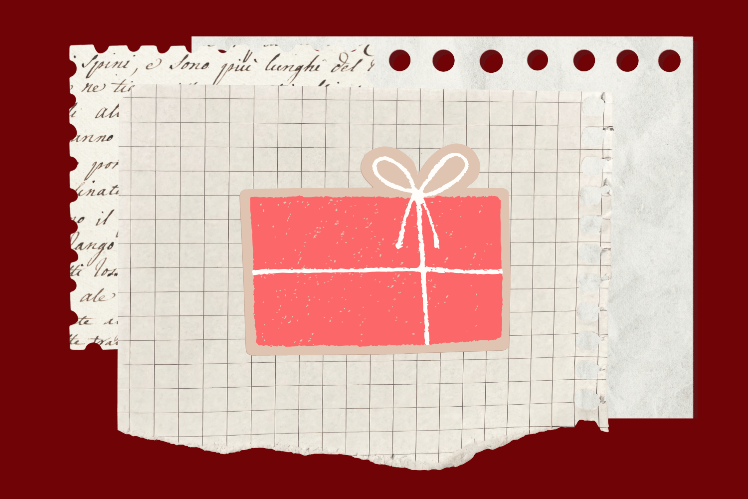 Illustrated red gift box with a white ribbon centered on a torn grid paper background, layered over vintage script paper on a deep red canvas.