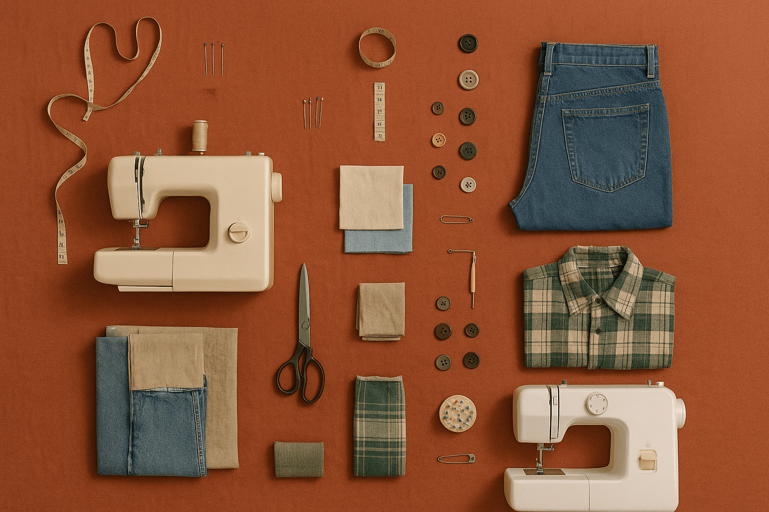 Fabric, buttons, scissors, sewing machine